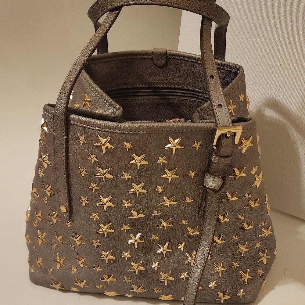 Jimmy Choo's Sasha Star-Studded Gray Metallic, Adjustable Tote Bag - Picture 10 of 10